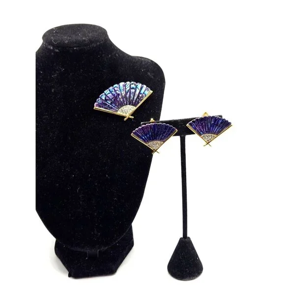 Butler Signed Rare Purple Abalone Shell Fan Brooch and Clip Earring Set Vintage - Picture 5 of 7